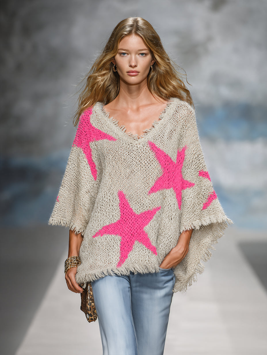 Ashra | Women's Cozy Retro-Elegant Western-Style Color-Block Knit Cape Top — 2