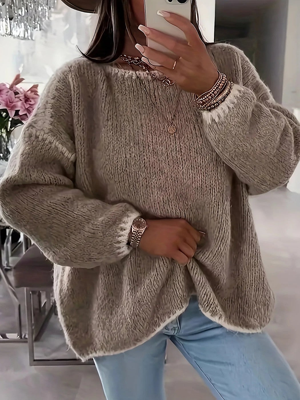 Asmid | Women's Cozy Oversized Fuzzy Crewneck Sweater Contrast Cuffs — Beige
