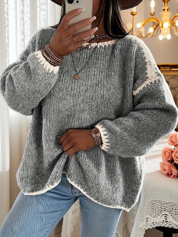 Asmid | Women's Cozy Oversized Fuzzy Crewneck Sweater Contrast Cuffs — 1
