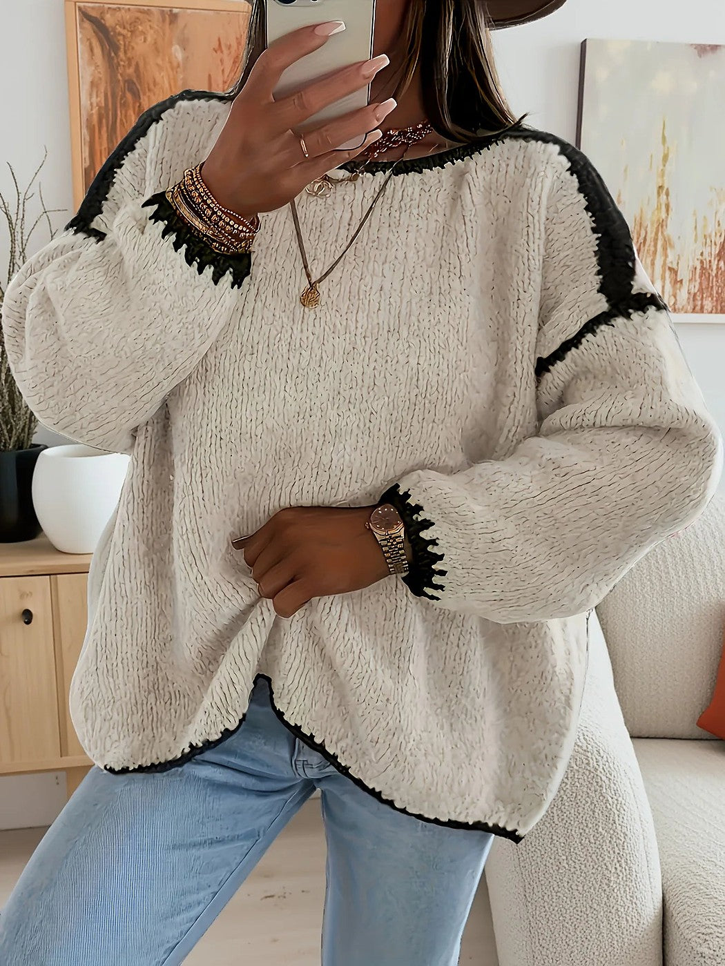 Asmid | Women's Cozy Oversized Fuzzy Crewneck Sweater Contrast Cuffs — 2
