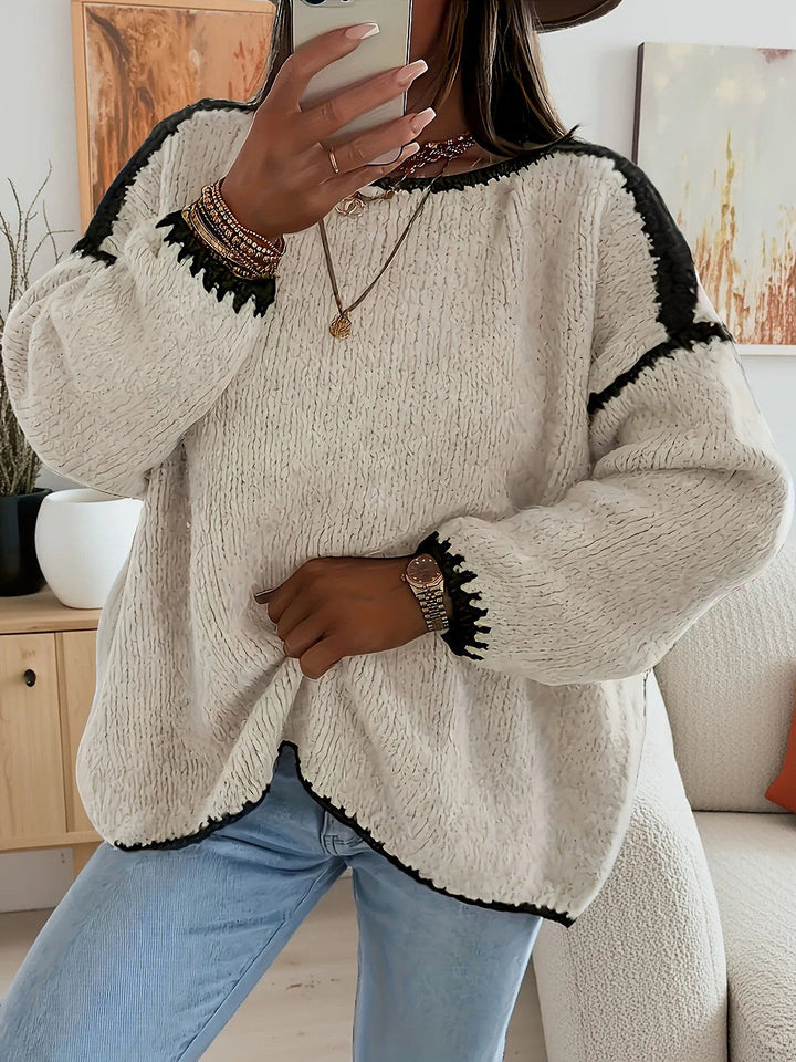 Asmid | Women's Cozy Oversized Fuzzy Crewneck Sweater Contrast Cuffs — 2