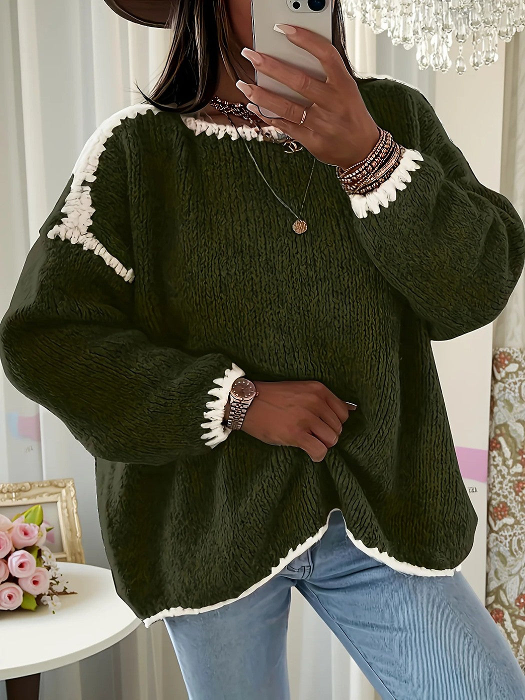 Asmid | Women's Cozy Oversized Fuzzy Crewneck Sweater Contrast Cuffs — Green