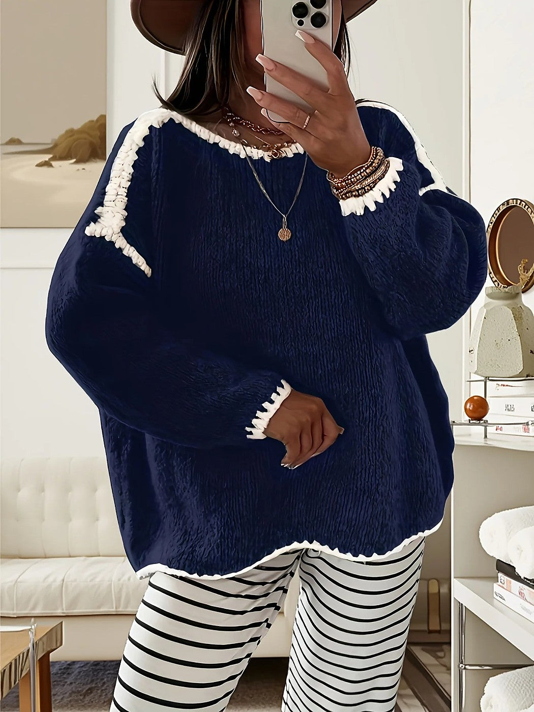 Asmid | Women's Cozy Oversized Fuzzy Crewneck Sweater Contrast Cuffs — Navy