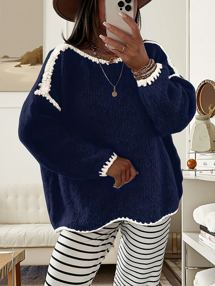 Asmid | Women's Cozy Oversized Fuzzy Crewneck Sweater Contrast Cuffs — Navy