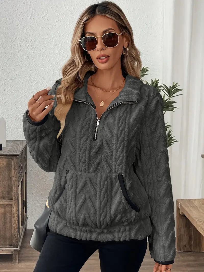 Aspen | Women's Cozy Quarter Zip Cable Textured Sherpa Sweater — Dark Gray