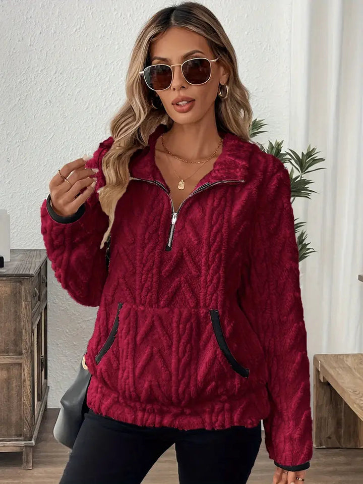 Aspen | Women's Cozy Quarter Zip Cable Textured Sherpa Sweater — Dark Red
