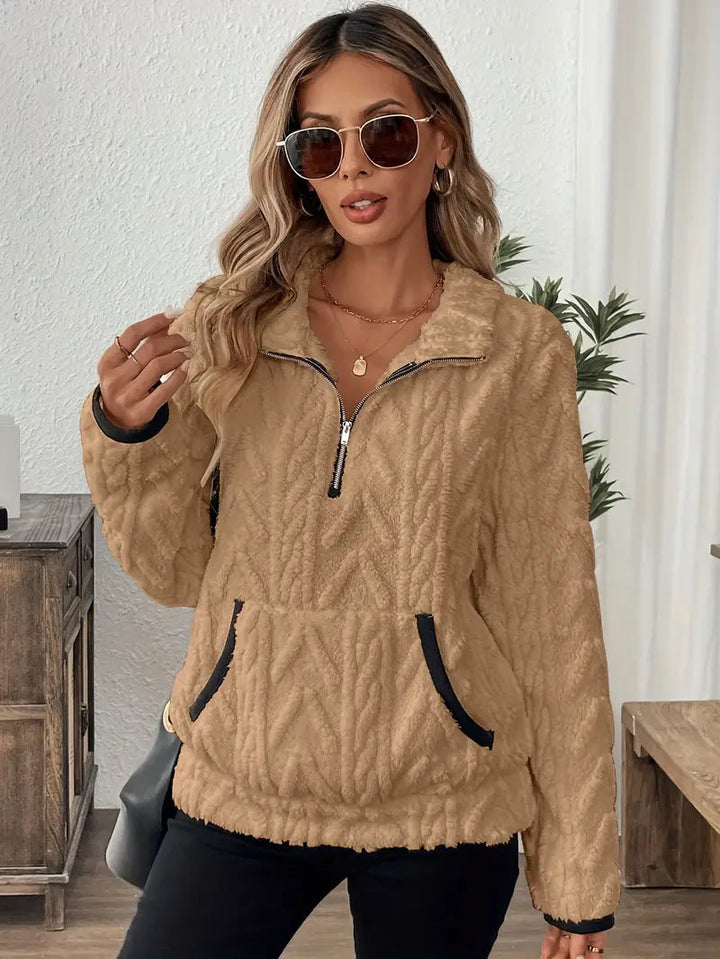 Aspen | Women's Cozy Quarter Zip Cable Textured Sherpa Sweater — Khaki