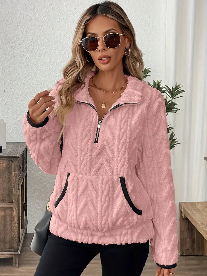 Aspen | Women's Cozy Quarter Zip Cable Textured Sherpa Sweater — Pink