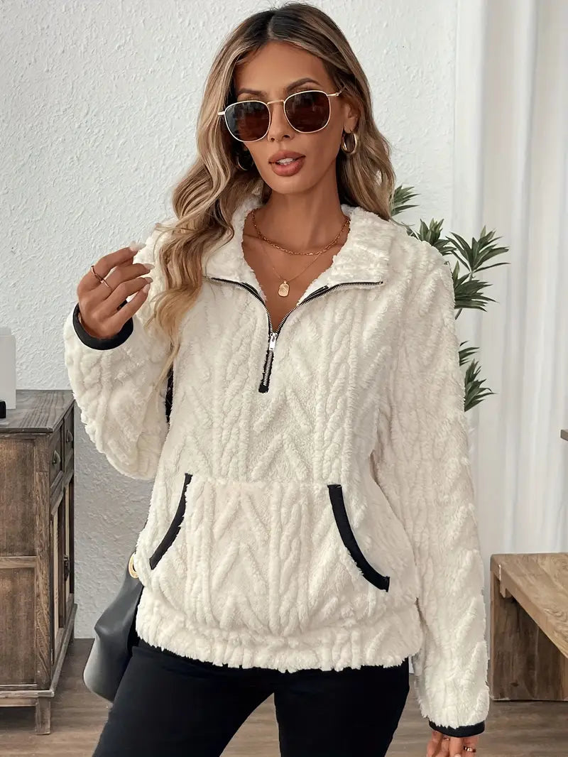 Aspen | Women's Cozy Quarter Zip Cable Textured Sherpa Sweater — White