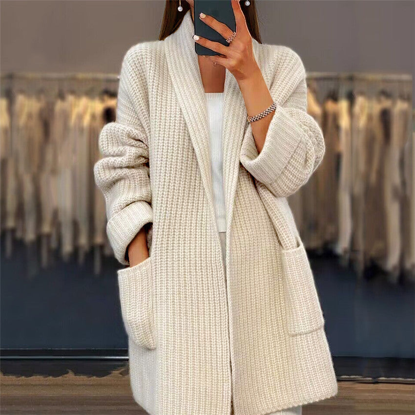 Aster | Women's Cozy Shawl-Collar Patch-Pocket Longline Cardigan — 1