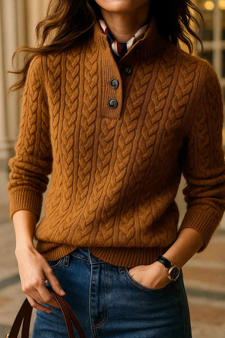 Atasia | Women's Cozy Button Neck Long Sleeve Cashmere-Feel Cable Knit Sweater — 2