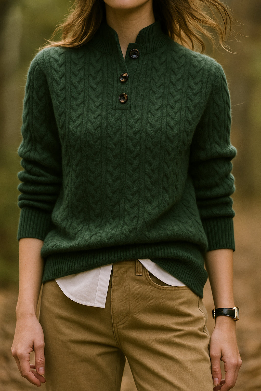 Atasia | Women's Cozy Button Neck Long Sleeve Cashmere-Feel Cable Knit Sweater — Dark green