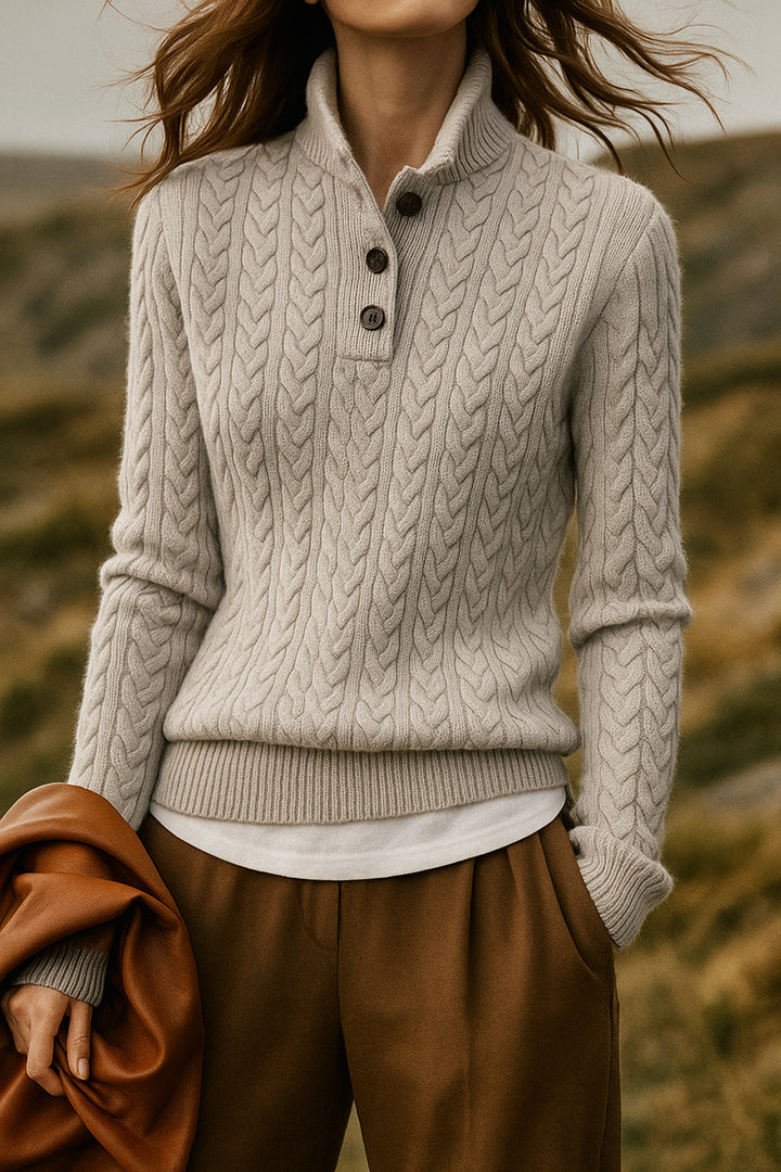 Atasia | Women's Cozy Button Neck Long Sleeve Cashmere-Feel Cable Knit Sweater — Gray