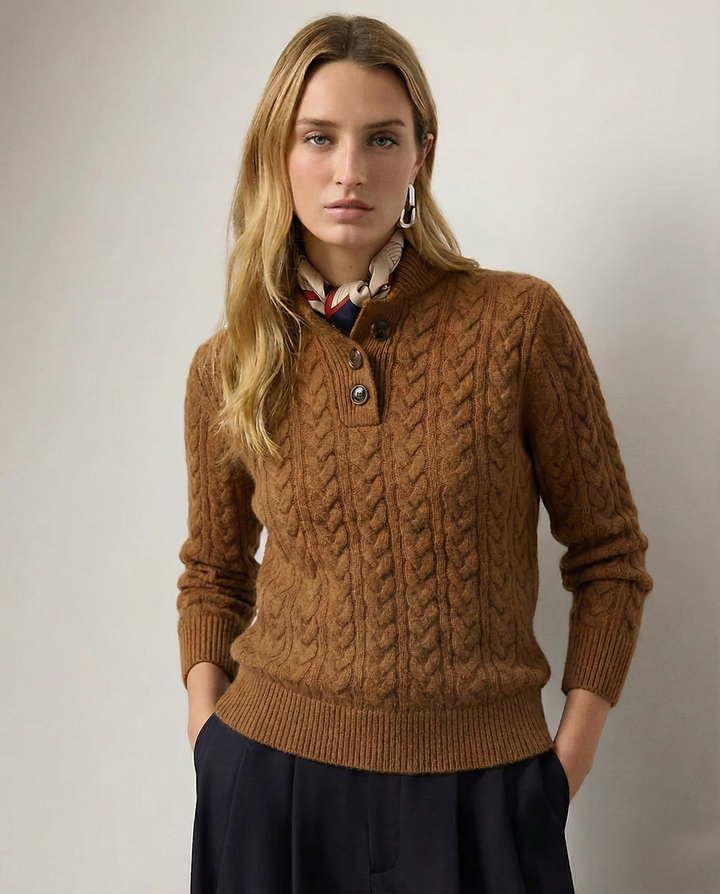 Atasia | Women's Cozy Button Neck Long Sleeve Cashmere-Feel Cable Knit Sweater — Rust brown