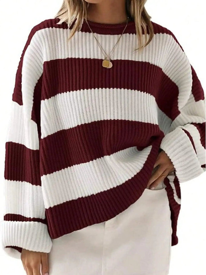 Athlea | Women's Cozy Wide Stripe Chunky Knit Sweater — Wine