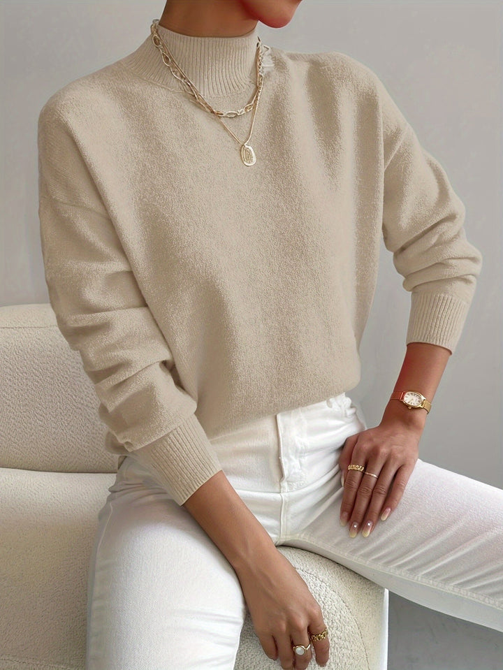 Audra | Women's Cozy Ribbed-Cuff Solid Crew-Neck Sweater — Beige