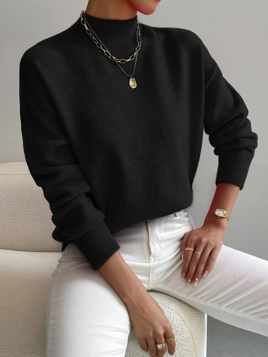 Audra | Women's Cozy Ribbed-Cuff Solid Crew-Neck Sweater — Black