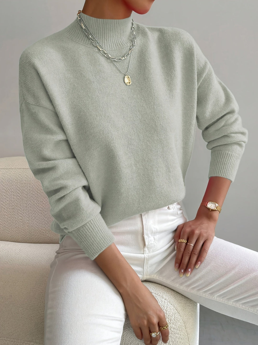 Audra | Women's Cozy Ribbed-Cuff Solid Crew-Neck Sweater — 1