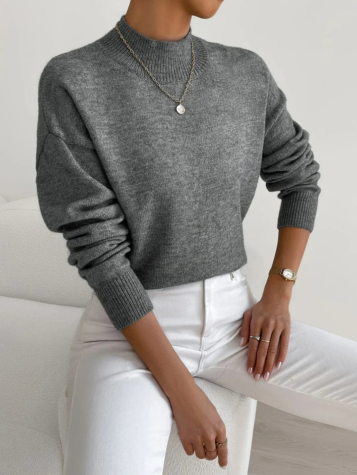 Audra | Women's Cozy Ribbed-Cuff Solid Crew-Neck Sweater — Dark Gray