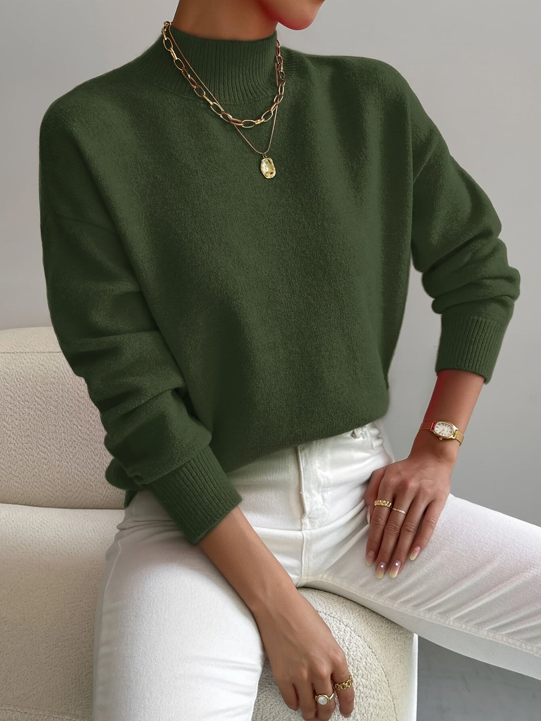 Audra | Women's Cozy Ribbed-Cuff Solid Crew-Neck Sweater — Green