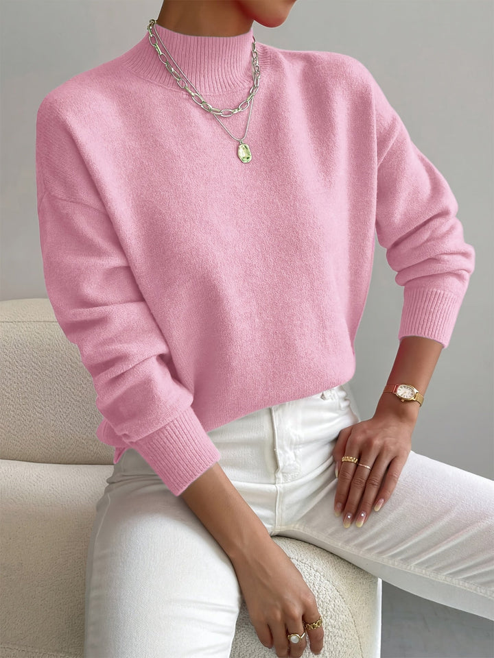 Audra | Women's Cozy Ribbed-Cuff Solid Crew-Neck Sweater — Light Pink