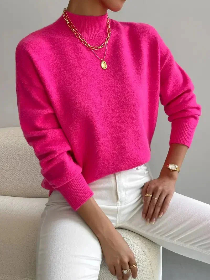 Audra | Women's Cozy Ribbed-Cuff Solid Crew-Neck Sweater — Pink