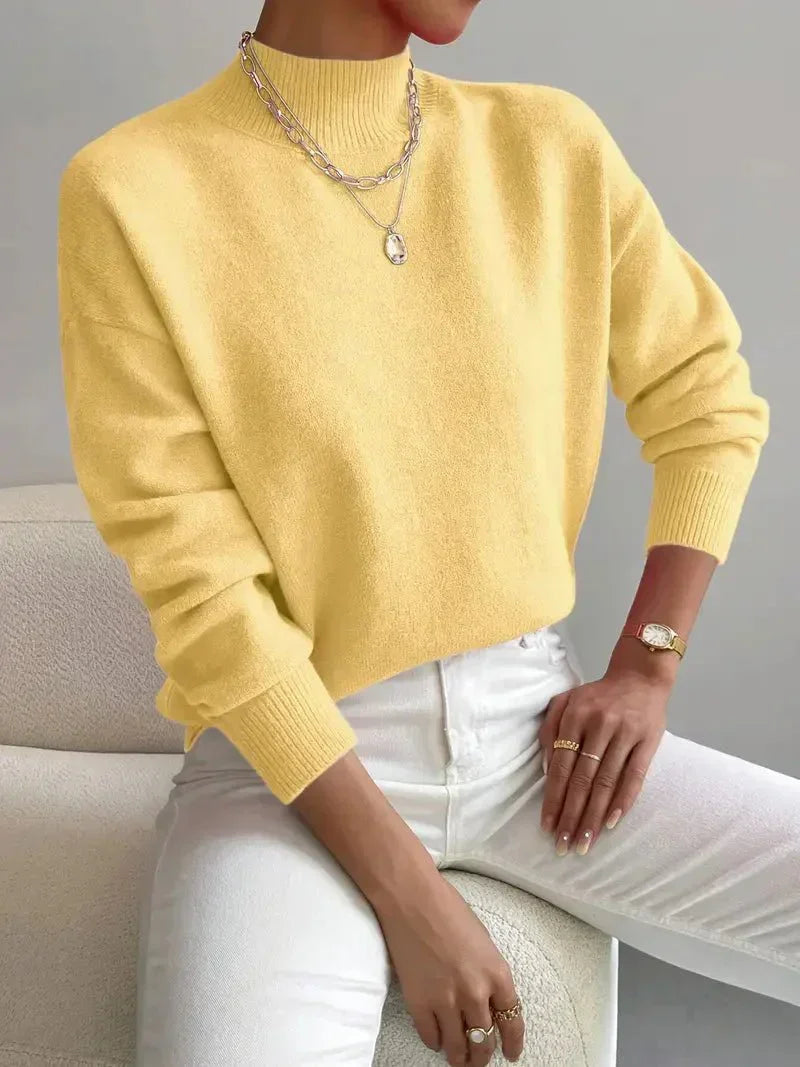 Audra | Women's Cozy Ribbed-Cuff Solid Crew-Neck Sweater — Yellow