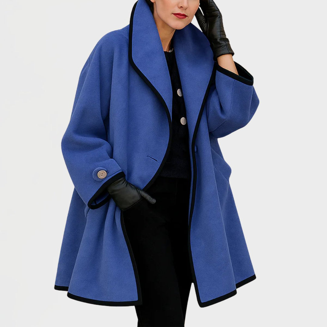 Aurenza | Women's Wide Lapel Coat with Contrast Trim Button Front — 1