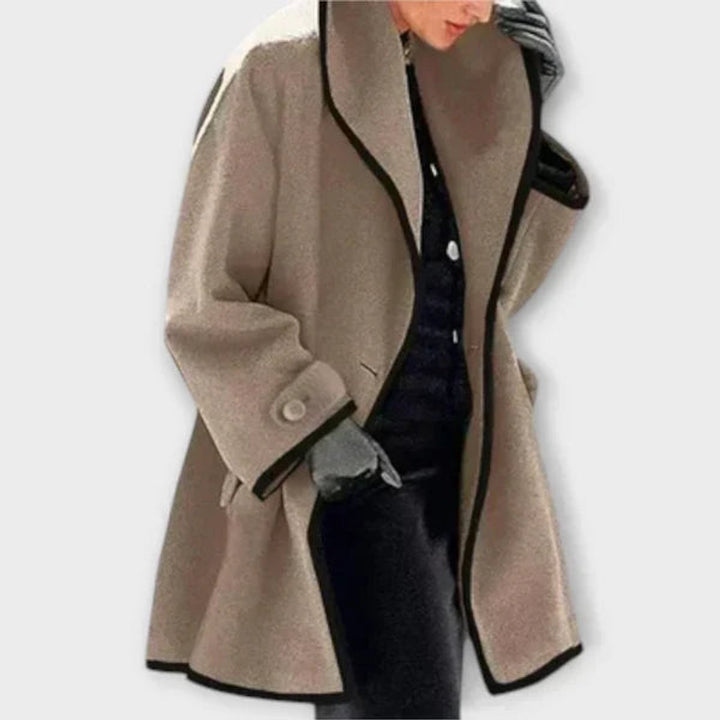 Aurenza | Women's Wide Lapel Coat with Contrast Trim Button Front — Khaki