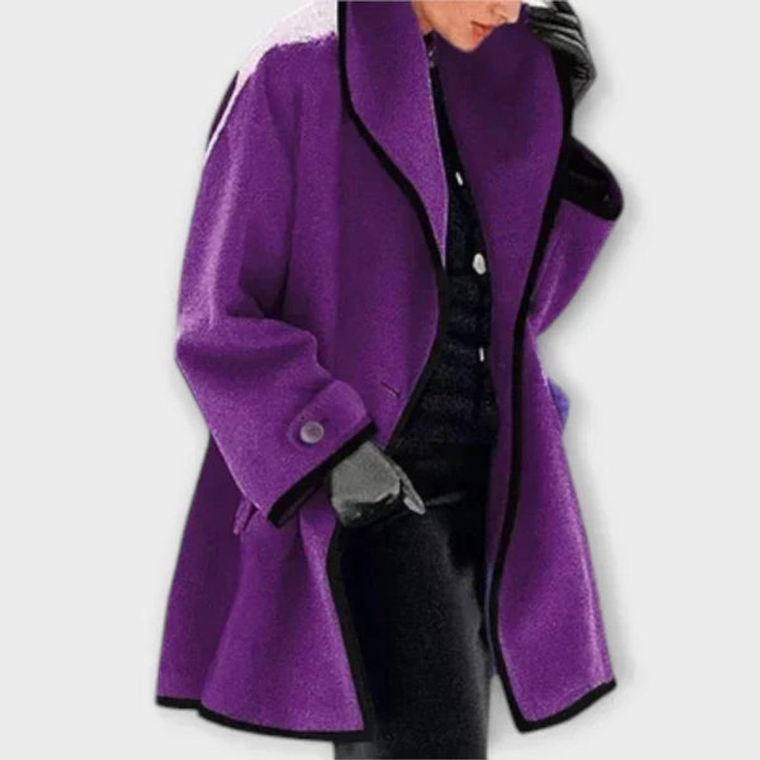 Aurenza | Women's Wide Lapel Coat with Contrast Trim Button Front — Purple