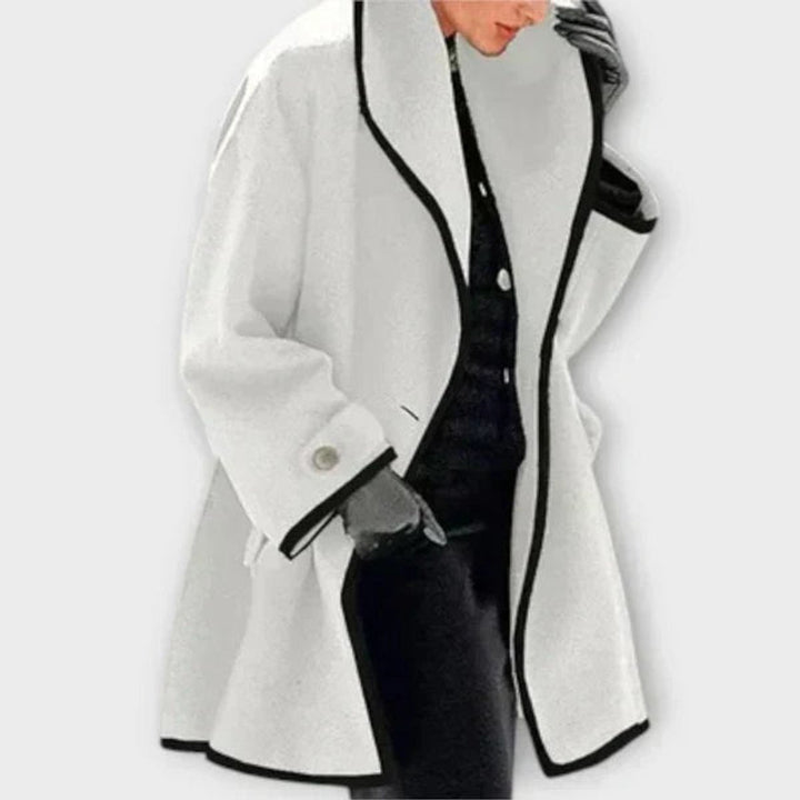 Aurenza | Women's Wide Lapel Coat with Contrast Trim Button Front — White