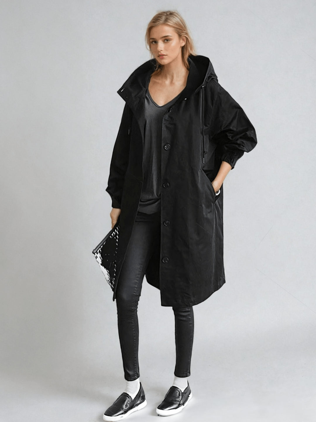 Auriellea | Women's Packable Hooded Jacket – Lightweight Longline Coat — Black