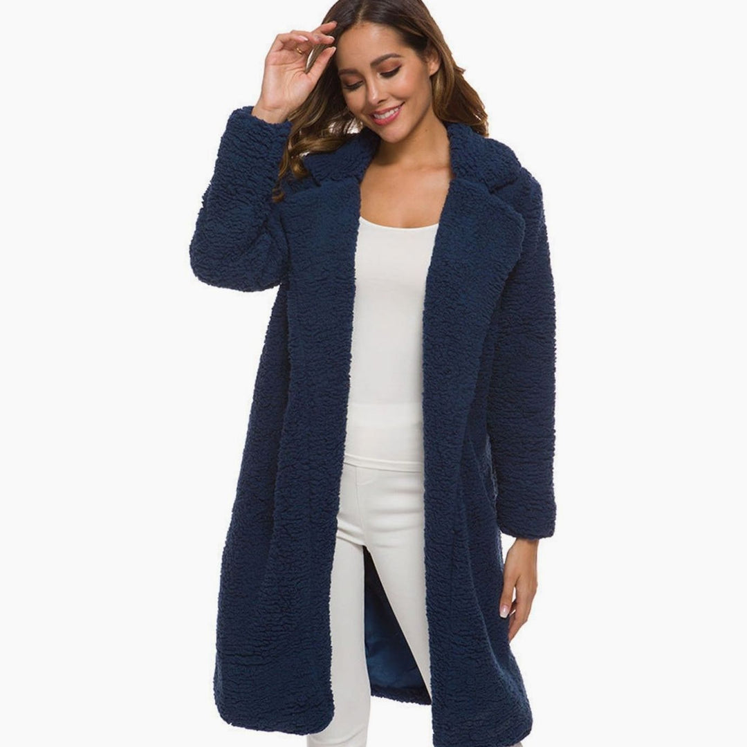 Aurique | Women's Long Teddy Bear Coat with Notch Lapels and Open Front — 1