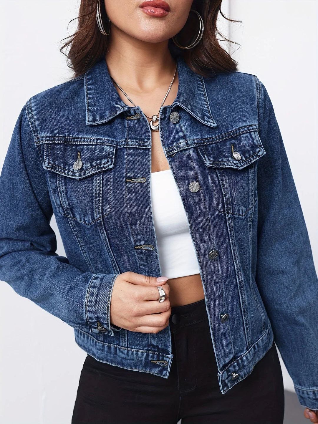 Auvia | Women's Cropped Denim Jacket with Button Front — 1