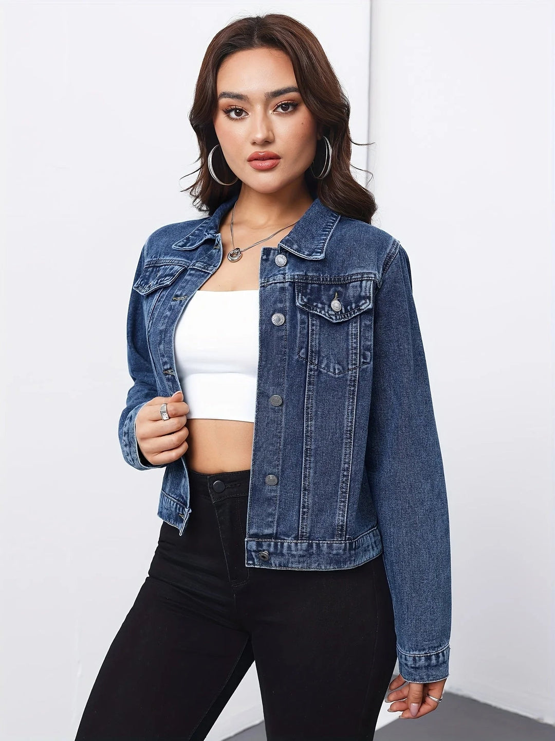 Auvia | Women's Cropped Denim Jacket with Button Front — 2