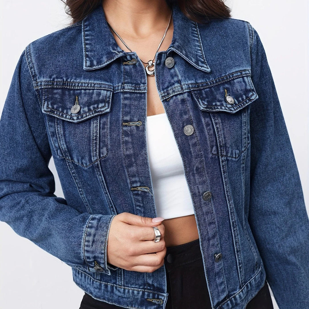 Auvia | Women's Cropped Denim Jacket with Button Front — Medium Blue