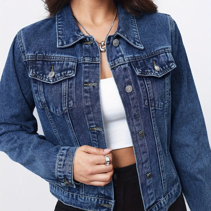 Auvia | Women's Cropped Denim Jacket with Button Front — Medium Blue