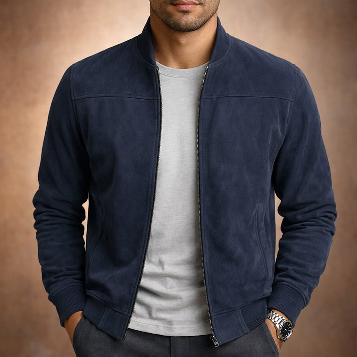 Avalisse | Women's Suede Bomber Jacket — Dark Blue