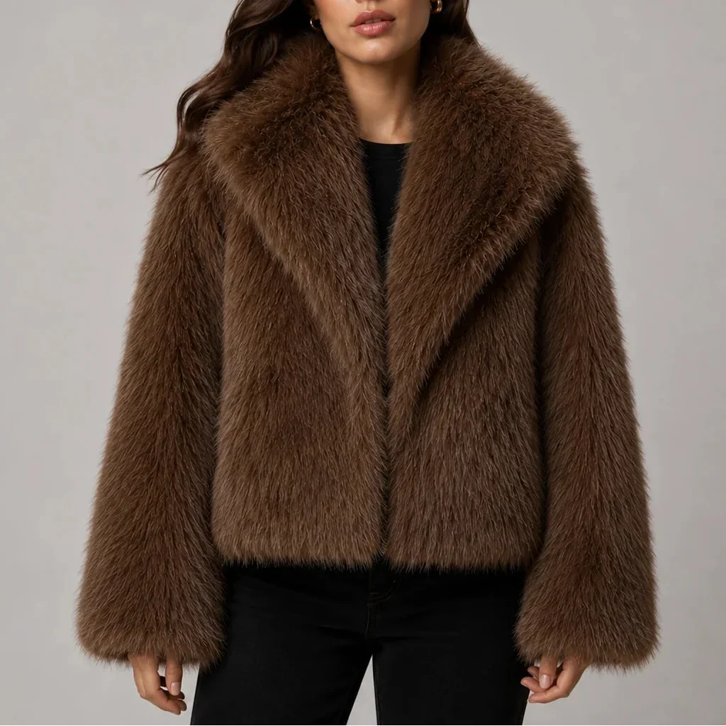 Avalonne | Women's Cropped Faux Fur-Look Jacket with Oversized Collar — Brown