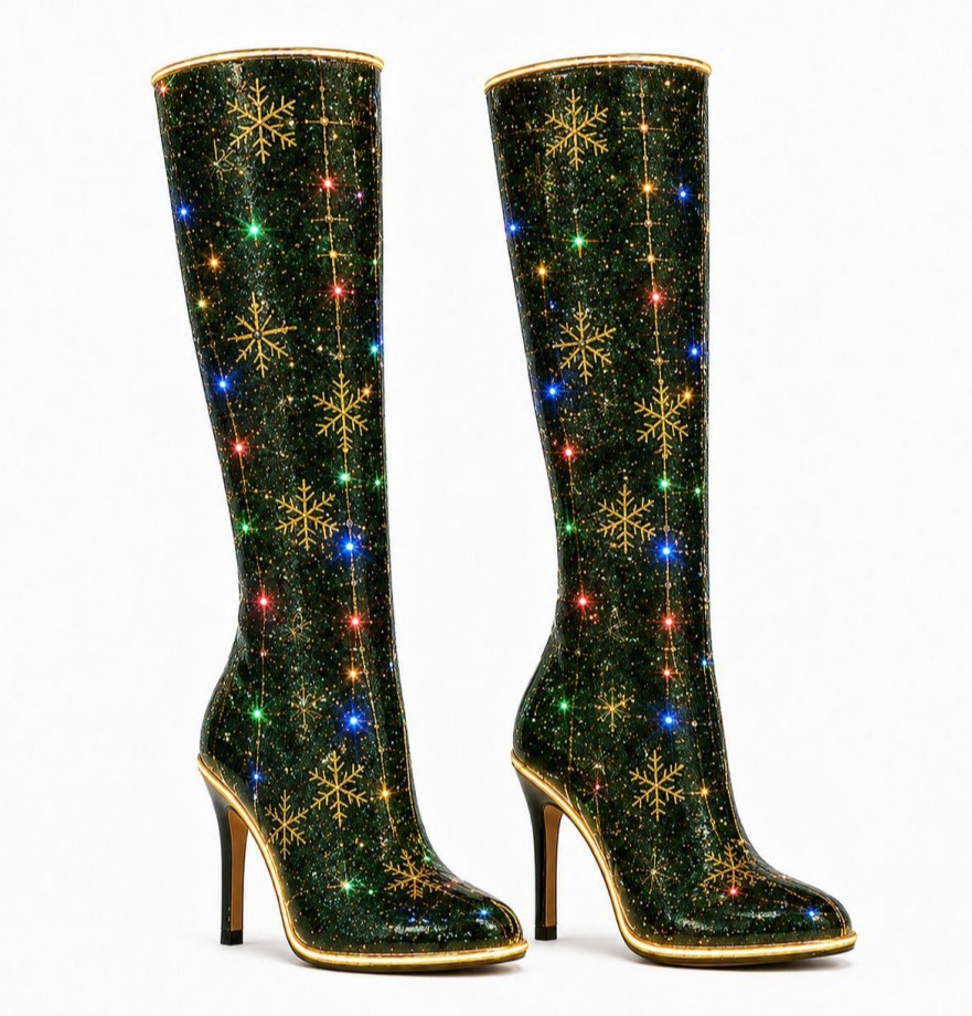 Avelvyn | Women's Snowflake Print Knee-High Heeled Boots — 1