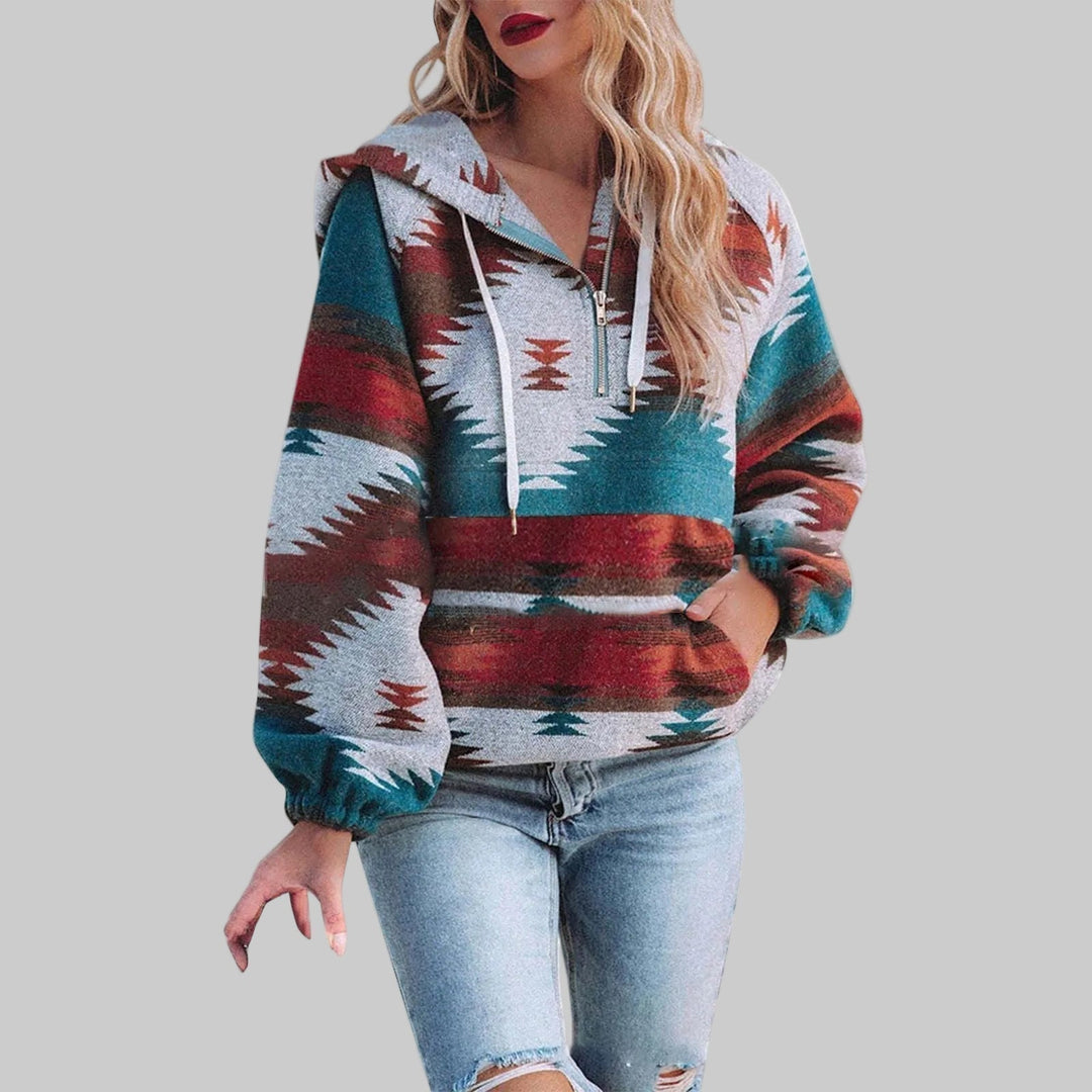 Averly | Women's Cozy Aztec Half-Zip Hooded Sweater — 1