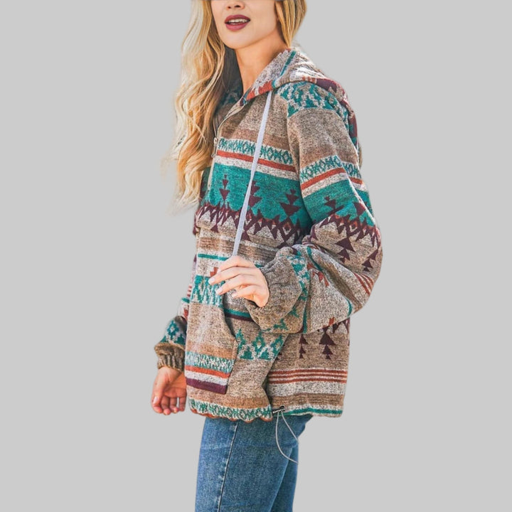 Averly | Women's Cozy Aztec Half-Zip Hooded Sweater — Brown
