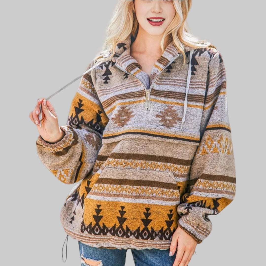 Averly | Women's Cozy Aztec Half-Zip Hooded Sweater — Orange