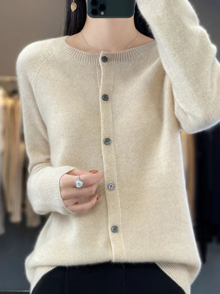 Avery | Women's Cozy Fine-Knit Round-Neck Button-Up Cardigan — Beige