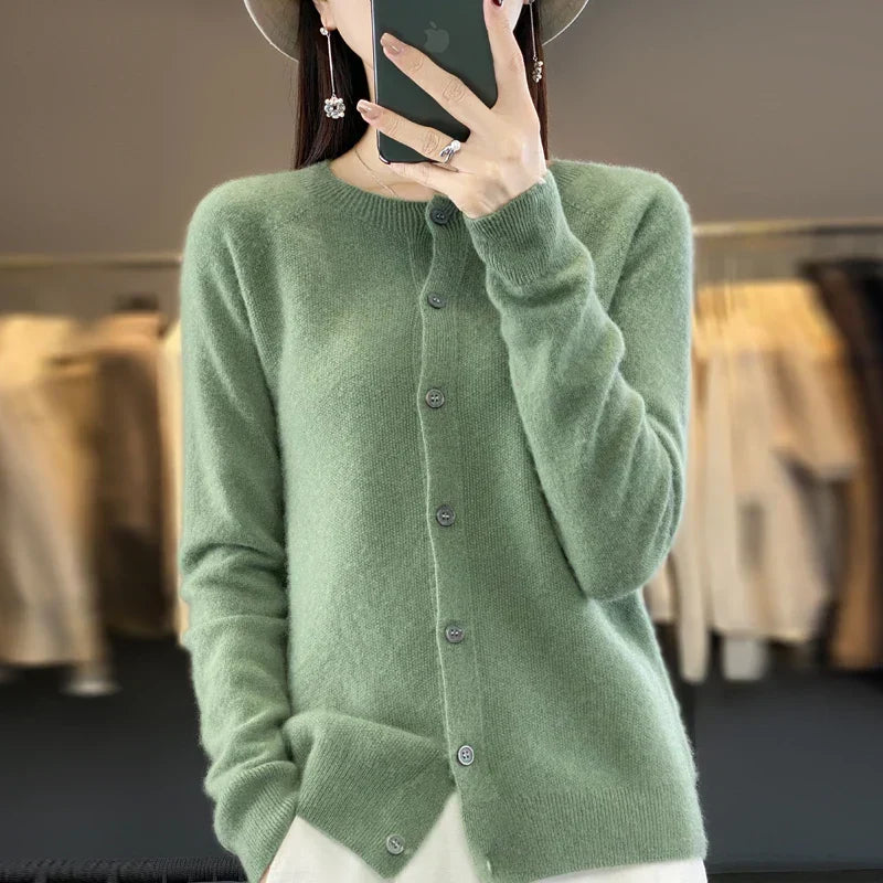 Avery | Women's Cozy Fine-Knit Round-Neck Button-Up Cardigan — Green