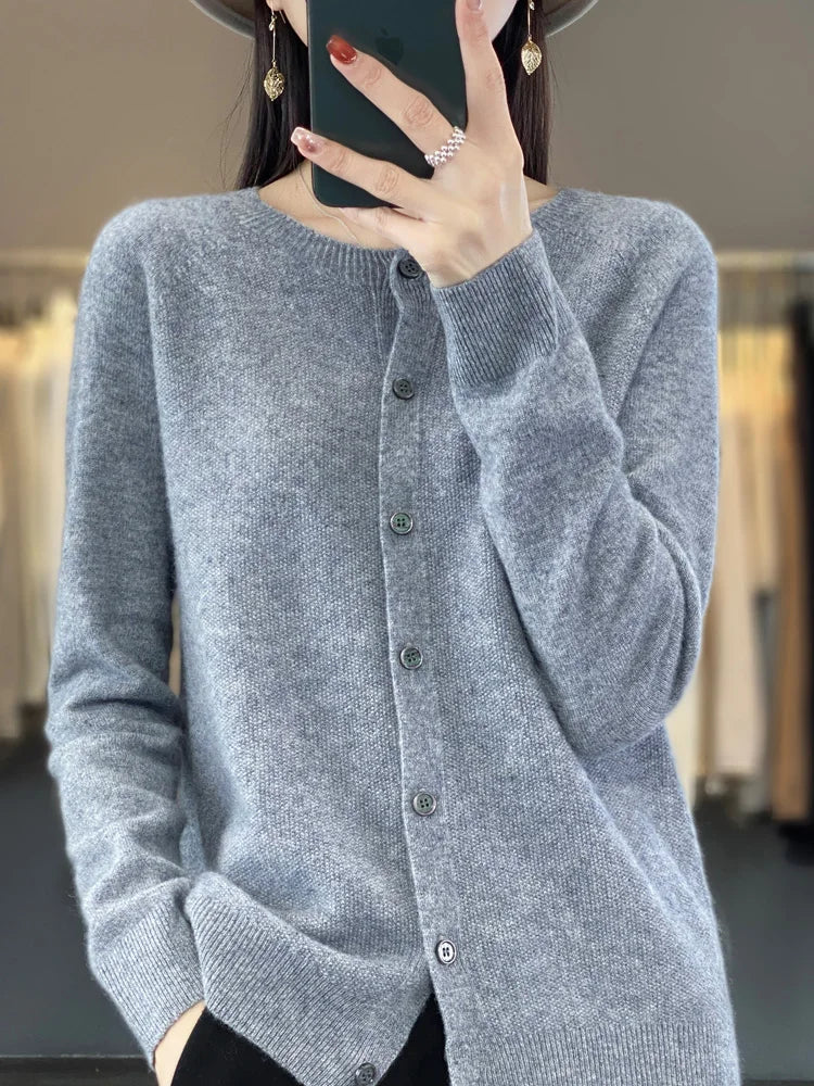 Avery | Women's Cozy Fine-Knit Round-Neck Button-Up Cardigan — Grey