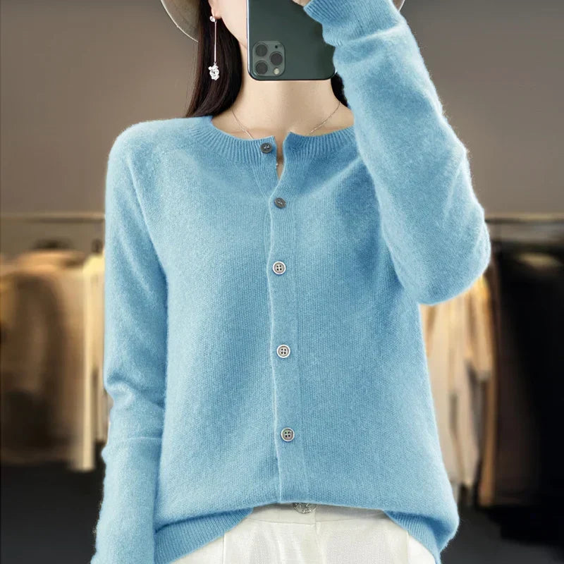 Avery | Women's Cozy Fine-Knit Round-Neck Button-Up Cardigan — Light Blue