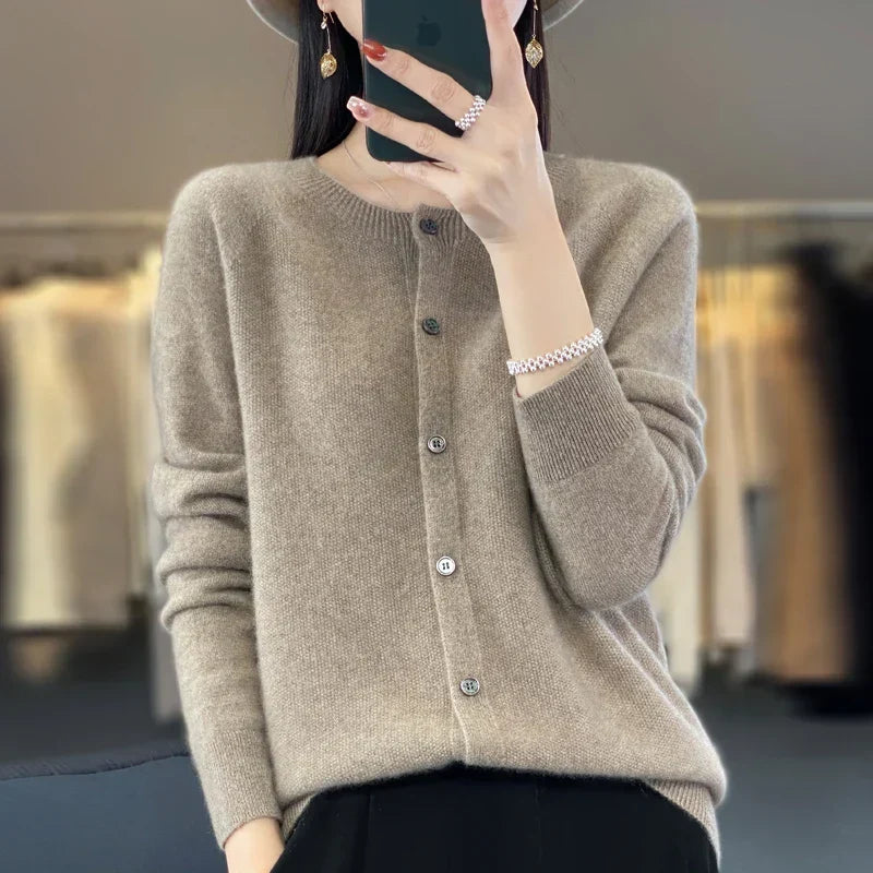 Avery | Women's Cozy Fine-Knit Round-Neck Button-Up Cardigan — Light Brown