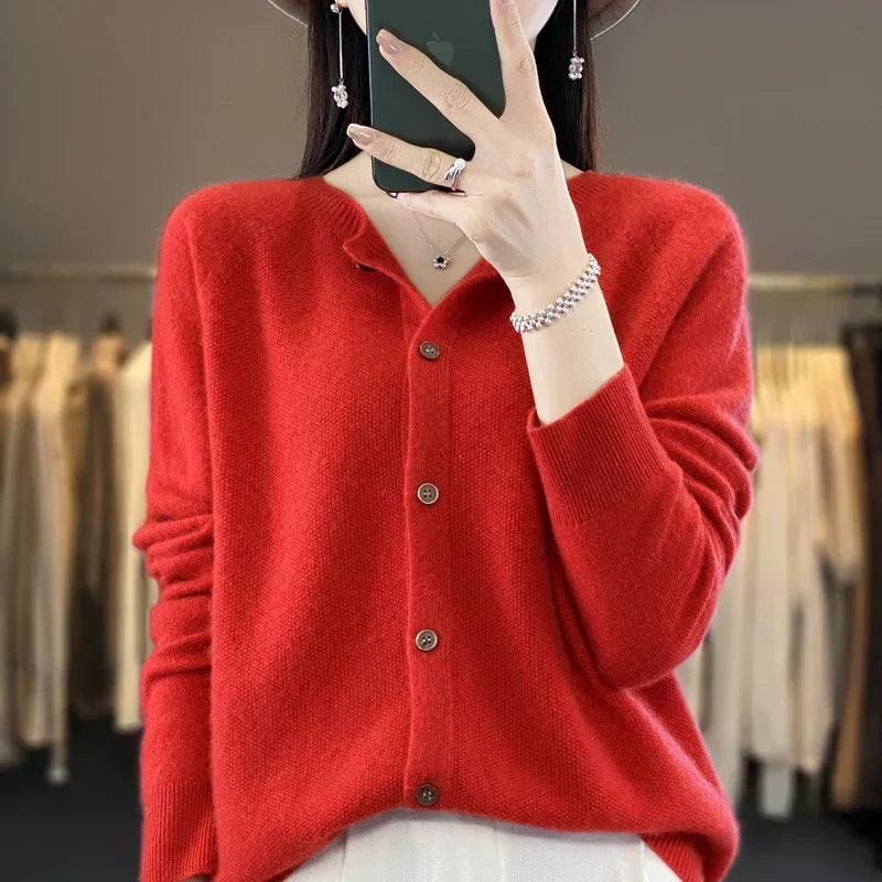 Avery | Women's Cozy Fine-Knit Round-Neck Button-Up Cardigan — Red