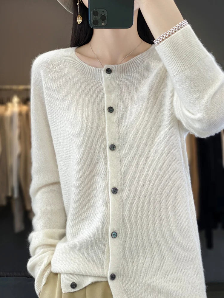 Avery | Women's Cozy Fine-Knit Round-Neck Button-Up Cardigan — White